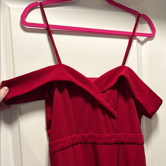 Red Off The Shoulder Floor-Length Dress with Slit - Picture 3 of 4